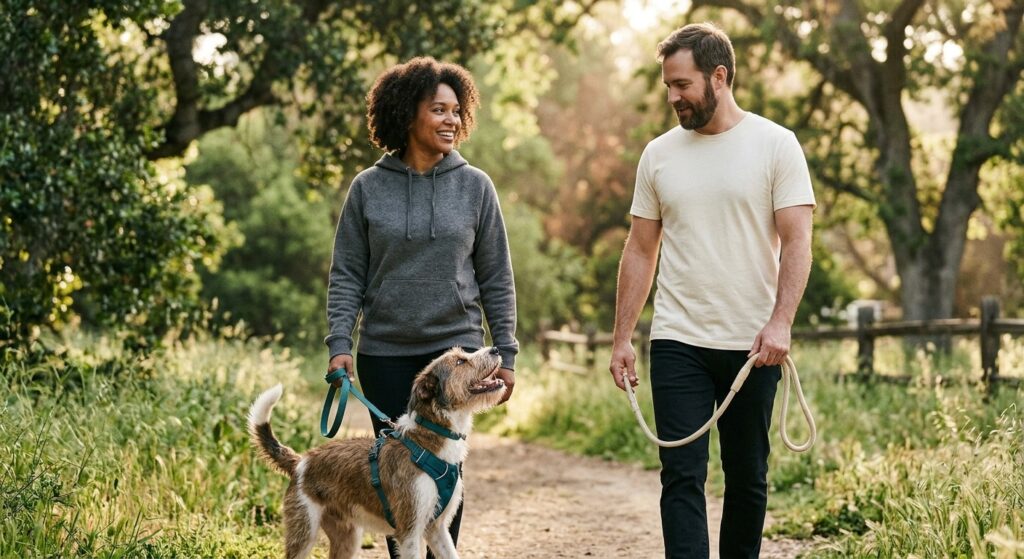 Volunteers wearing rescue-minded apparel with an adopted dog