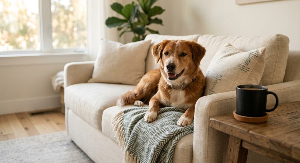 Pet-loving home decor styled with a rescued dog